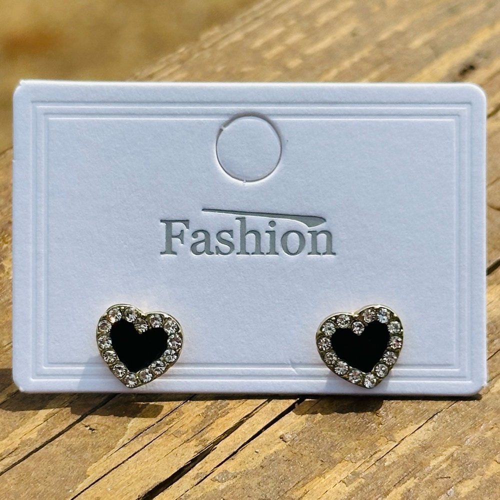 NWT Gold & Black Stud Earrings with Clear Rhinestones
